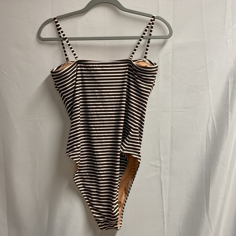 J. Crew Bandeau One Piece Bathing Suit in Bold Stripe White/Brown Size 10 NWT - Picture 6 of 7